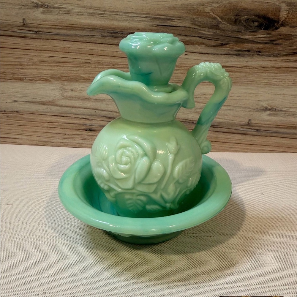 Avon Mint Green Rose Motif Pitcher and Basin
